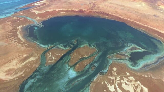 Aerial high altitude view of the Dahlak Archipelago is an island group located in the Red Sea near Massawa Eritrea Africa and consists of two large and 124 small islands 4k resolution animation