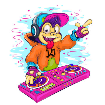Cartoon monkey DJ.
Colorful illustration of a cool monkey at the DJ's console. Children's bright illustration. Use the product for printing on clothing, accessories, party decorations.