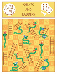 Christmas snakes and ladders board game for children with cute animals. Educational boardgame with serpents in hats and scarfs. Funny winter holiday printable activity. .