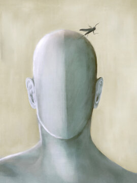 illustration of surreal mannequin with mosquito buzzing over his head, obsession surreal concept