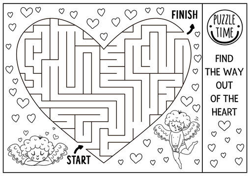 Saint Valentine day black and white maze for children in heart shape. Holiday preschool printable educational activity. Funny game or coloring page with cute cupid. Romantic puzzle with love theme..