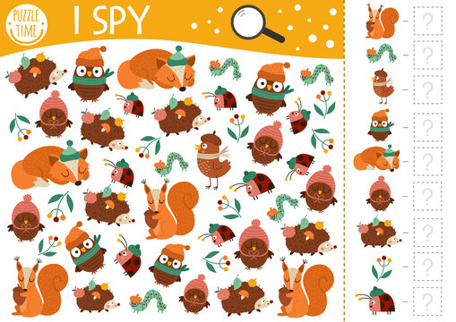 Autumn forest I spy game for kids. Fall searching and counting activity for preschool children with woodland animals, birds, insects. Funny printable worksheet for kids. Simple spotting puzzle..