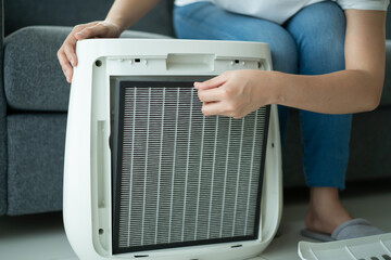 Beautiful Asian young woman holding a HEPA carbon air purifier filter in living room.