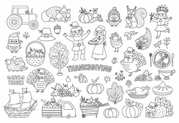 Vector black and white Thanksgiving elements set. Autumn line icons collection with funny pilgrims, native American, turkey, animals, harvest, cornucopia, pumpkins. Outline fall holiday pack.