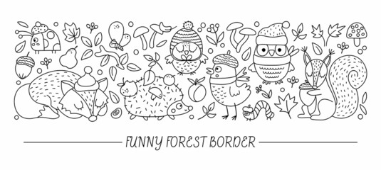 Vector black and white horizontal border set with cute animals and autumn forest elements. Thanksgiving line card template design with woodland characters. Funny fall border.