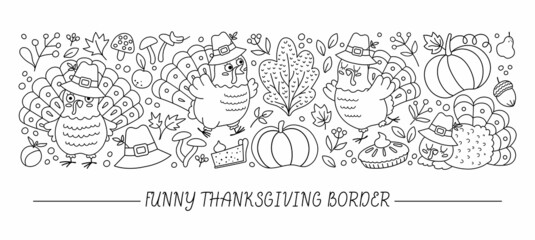 Vector black and white horizontal border set with cute turkeys, pumpkins, harvest and autumn forest elements. Outline Thanksgiving card template design. Funny line fall holiday border .