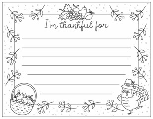 Vector black and white Thanksgiving card. Im thankful for horizontal line letter template with cute turkey, basket with apples, fruit harvest. Autumn outline holiday frame design for kids..