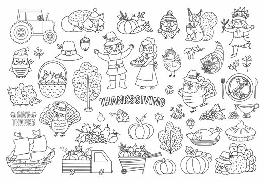 Vector black and white Thanksgiving elements set. Autumn line icons collection with funny pilgrims, native American, turkey, animals, harvest, cornucopia, pumpkins. Outline fall holiday pack.