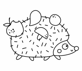 Cute black and white hedgehog with mushroom, apples, leaf on prickles. Vector outline autumn character. Fall woodland animal line icon. Funny forest or Thanksgiving Day illustration..