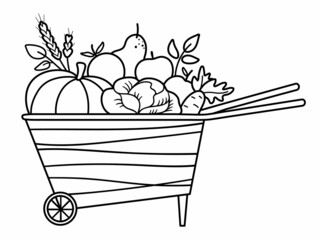 Vector black and white wheelbarrow with apples, pear, pumpkin, carrot. Autumn outline garden clipart. Fruit and vegetables illustration isolated on white background. Fall season harvest line icon.