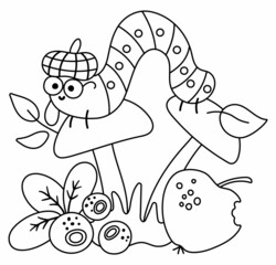 Black and white caterpillar in hat and glasses on mushroom. Vector outline autumn scene with cute insect. Fall season woodland scenery or coloring page. Funny forest line illustration..