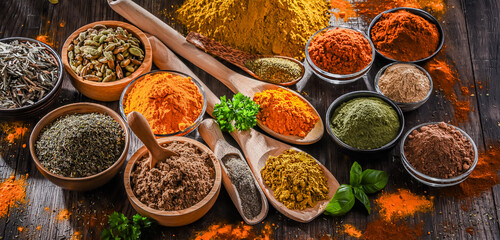 Variety of spices on wooden kitchen table.