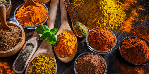 Variety of spices on wooden kitchen table.