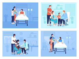 Healthcare facilities flat color vector illustrations set. Diagnostic, treatment services. Providing health care for patients 2D cartoon characters collection with hospital environment on background