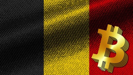 Belgium Realistic Fabric Texture Effect Wavy Flag, Gold Metalic Texture Bitcoin Icon, 3D Illustration