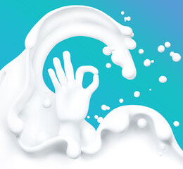Splash milk and ok isolated on blue background, abstract 3d rendering