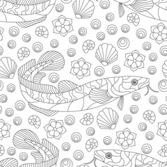 Fototapeta na wymiar Seamless pattern with abstract dark contour fishes and shells on a white background