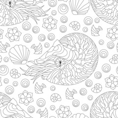 Seamless pattern with dark contour nautilus, shells and fish, outline animals on a white background