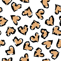 Leopard heart seamless pattern. Vector animal print. Black and beige spots on white background. Jaguar, leopard, cheetah, panther fur. Leopard skin imitation can be painted on clothes or fabric.