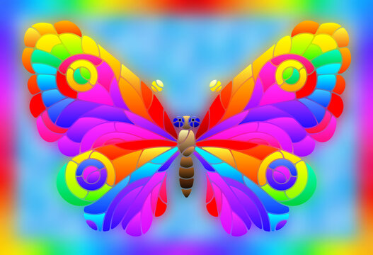 Illustration in stained glass style with a bright rainbow butterfly on a blue background in a bright frame, rectangular image
