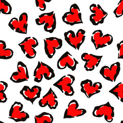 Leopard heart seamless pattern. Vector animal print. Black and red spots on white background. Jaguar, leopard, cheetah, panther fur. Leopard skin imitation can be painted on clothes or fabric.