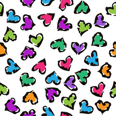 Leopard heart seamless pattern. Vector animal print. Multicolored spots on white background. Jaguar, leopard, cheetah, panther fur. Leopard skin imitation can be painted on clothes or fabric.