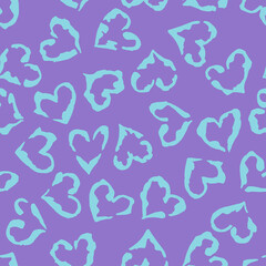 Leopard heart seamless pattern. Vector animal print. Light blue spots on violet background. Jaguar, leopard, cheetah, panther fur. Leopard skin imitation can be painted on clothes or fabric.