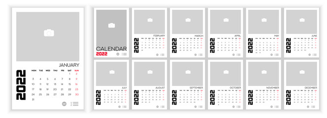 Wall Monthly Photo Calendar 2022. Simple monthly vertical photo calendar Layout for 2022 year in English. Cover Calendar, 12 months templates. Week starts from Monday. Vector illustration