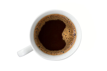 Cup of coffee over head top view on white background