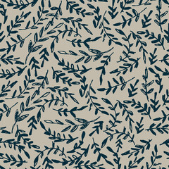 Seamless pattern with smal branches, twigs. Vector illustration on gray backgroud for surface design and other design projects