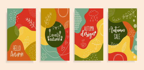 Set abstract autumn backgrounds banner for social media stories.Colorful banners with autumn fallen leaves and yellowed foliage. Use for event invitation, discount voucher, advertising.Vector eps 10