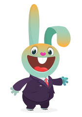 Cartoon funny smiling bunny rabbit wearing toxedo or business suit.  Vector illustration