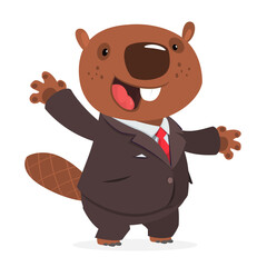 Cartoon funny beaver wearing toxedo or business suit.  Vector illustration