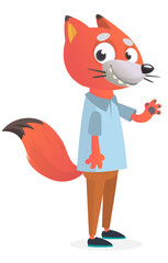 Cartoon funny and happy fox wearing modern fancy style clothes. Vector illustration isolated