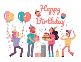 Happy Birthday party event concept. Vector flat cartoon graphic illustration