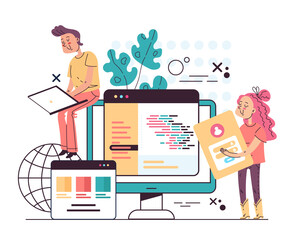 People programmist workers characters creating program code. Vector flat cartoon graphic illustration