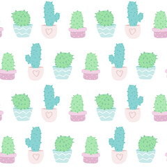 cute vector seamless pattern with cartoon cacti in pots. it can be used as wallpaper, poster, print for clothing, fabric, textiles, notebooks, packaging paper.