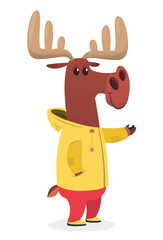 Cartoon funny and happy moose in a yellow rain coat. Elk wearing clothing. Vector illustration isolated