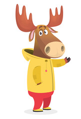 Cartoon funny and happy moose in a yellow rain coat. Elk wearing clothing. Vector illustration isolated