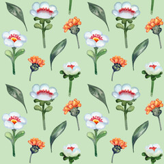 Summer seamless floral pattern on a green background