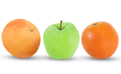 Grapefruit, green apple and orange on an isolated white background. Set of fruit collections.