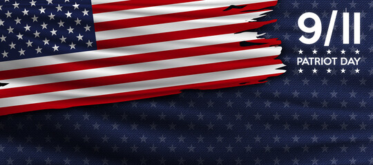 Patriot day. September 11 we will never forget patriot day background. United states flag poster. American torn flag and text on blue with stars background for Patriot Day.