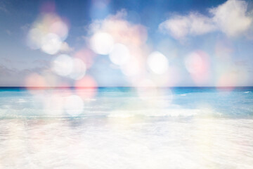 Fototapeta na wymiar blurred beach and sea waves with bokeh lights, abstract summer background