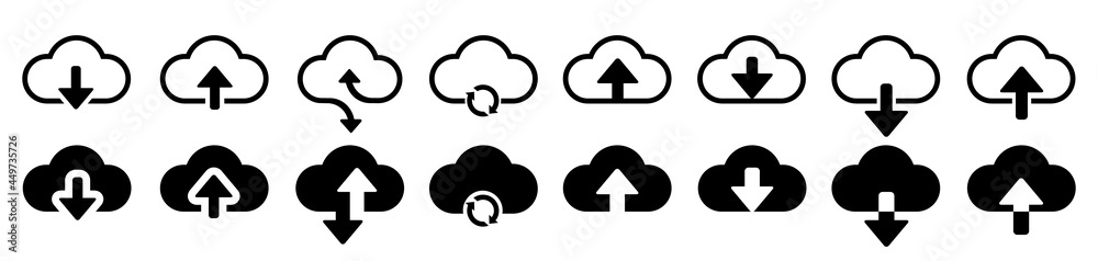Poster Set cloud download and upload icons. Flat sign for mobile and web design. Cloud with arrow up and down simple outline and filled sign - stock vector