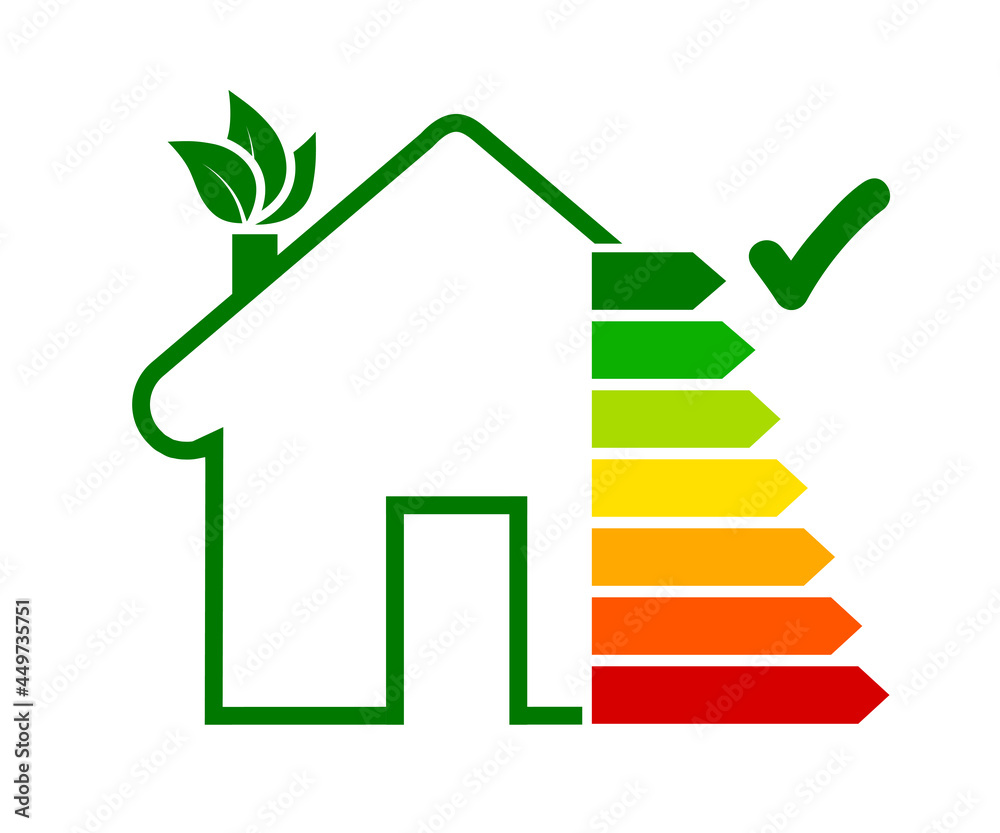 Wall mural energy efficient house concept with classification graph sign, home energy efficiency rating isolate