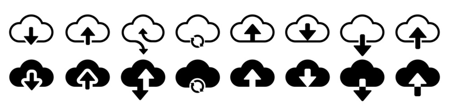 Set Cloud Download And Upload Icons. Flat Sign For Mobile And Web Design. Cloud With Arrow Up And Down Simple Outline And Filled Sign - Stock Vector