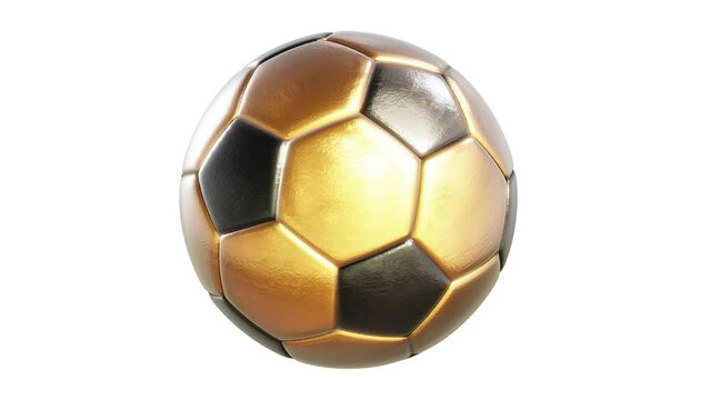 Realistic seamless looping 3D animation of the rolling golden textured soccer ball rendered in UHD with alpha matte