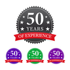 50 years of experience in various colors, badge, label, icon, symbol, sign with red color ribbon isolated on white background, vector illustration.