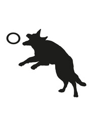 Black dog silhouette. The german shepherd dog puppy is jumping for its puller. Pet animals. Isolated on a white background.