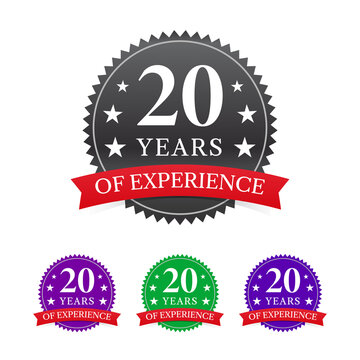20 years of experience badge, label, icon, symbol with ribbon isolated on white background, vector illustration